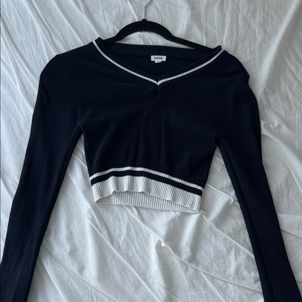 Garage Navy and White V-Neck Crop Top